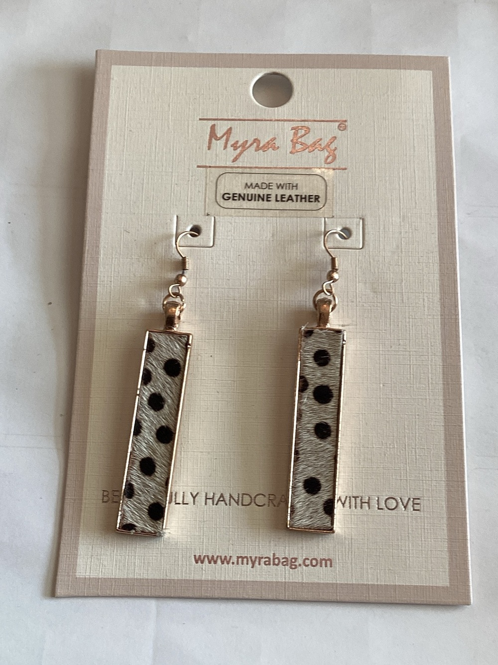 Myra Bag Black and White Polka Dot Leather Bar Drop Earrings with Gold Trim